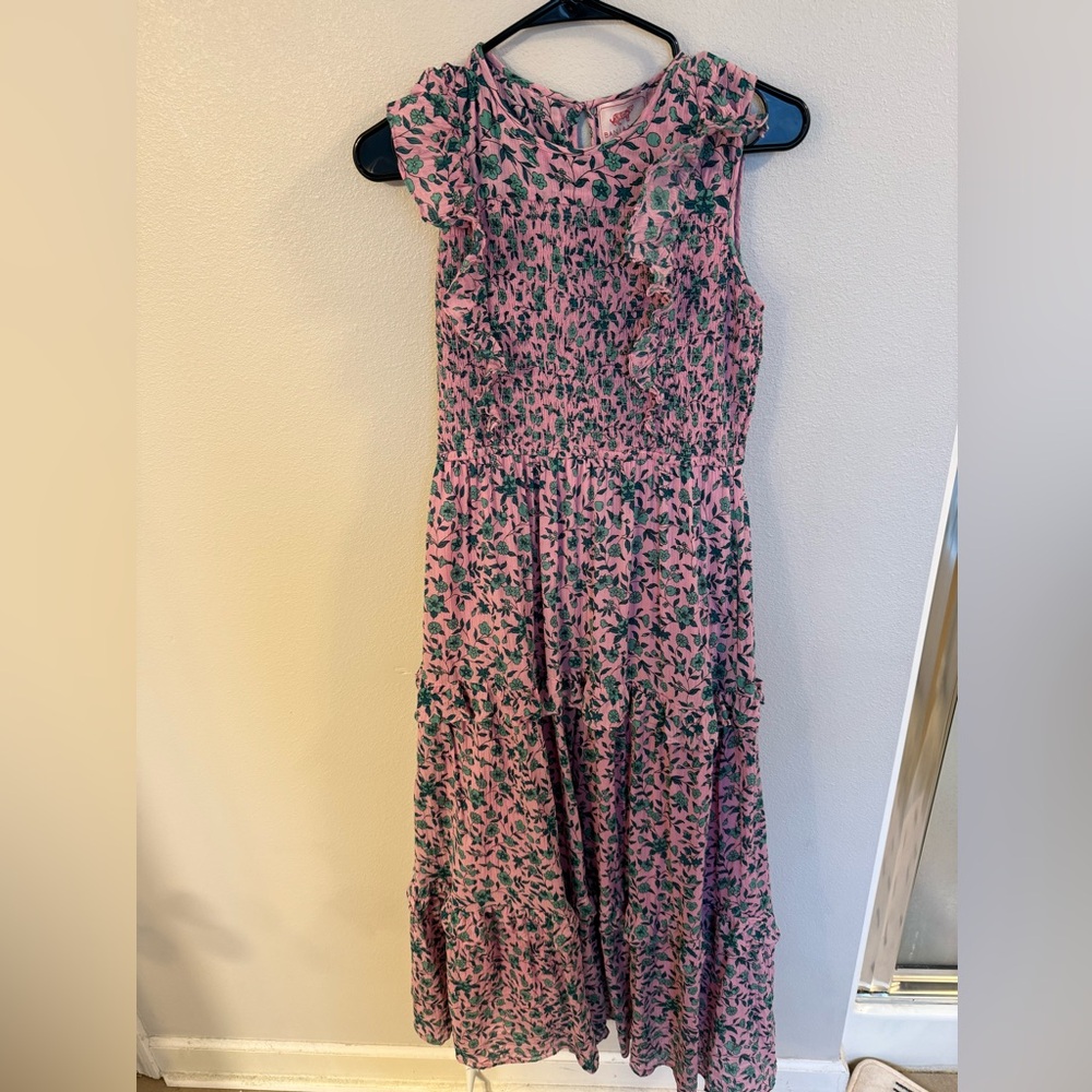 Banjanan Pink and Green Floral Maxi Dress Smocked Tiered Ruffle Romantic Size L
